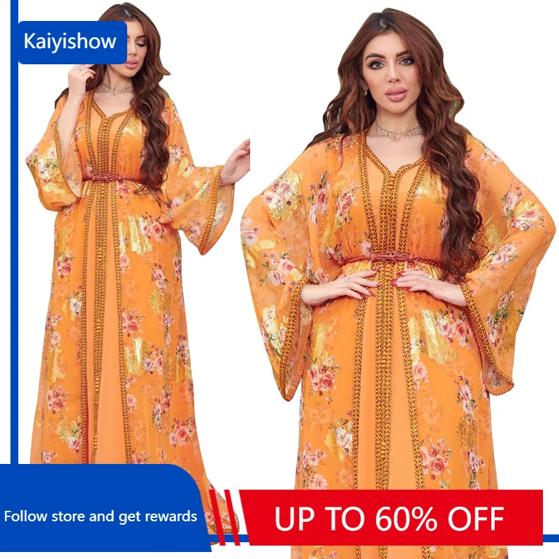 2023 Summer Elegant Muslim Women Long Sleeve V-neck Polyester Orange 2 Pieces Set Long Abaya with Inner Muslim Fashion Dresses