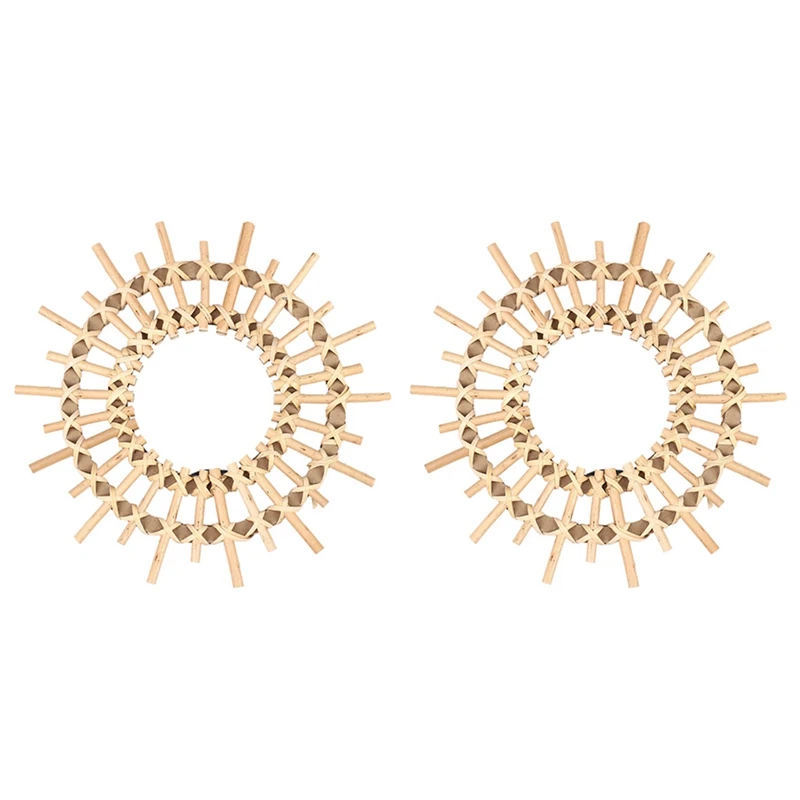 

2X Rattan Round Makeup Mirror Innovative Art Decoration Dressing Bathroom Wall Hanging Mirrors Crafts