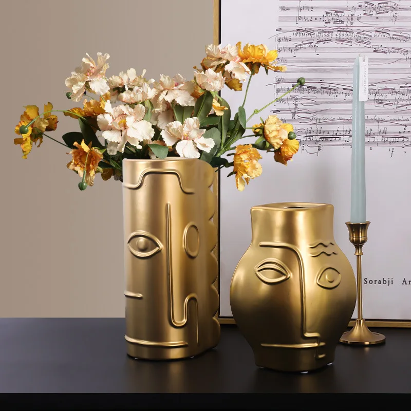 

Nordic Light Luxury Designer Model Face Gold-Plated Ceramic Vase Living Room Study Hallway Soft Home Decoration