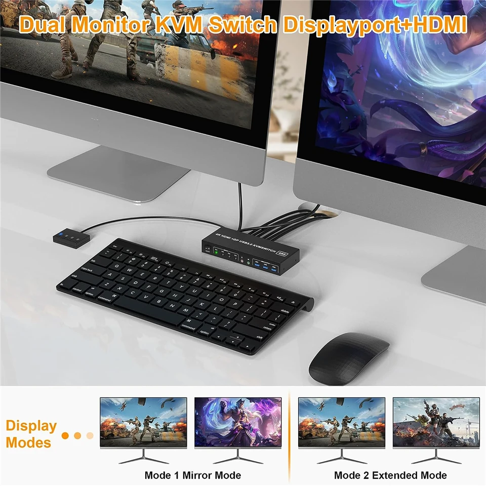 Фото MZX 4-портовый KVM-переключатель с поддержкой HDMI, USB 3.0, 4X2, для двух мониторов, 4K@60Hz, расширение DP, 4 входа 2 выхода, для совместного использования клавиатуры и мыши 4 компьютерами. №3