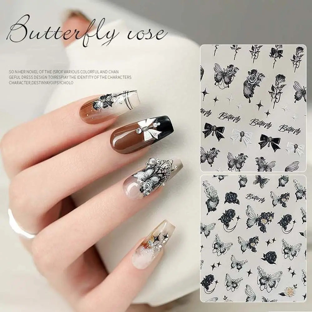 

5D New Craft Black Gold Butterfly Rose Nail Art Sticker Self Adhesive Bow Sticker Accessories Fashion 3D Nail Art Appliqué