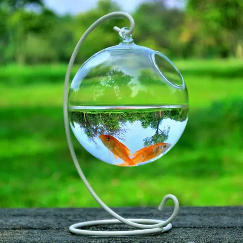 

Round hanging glass aquarium fish tank fish tank flower plant vase with shelf home decoration