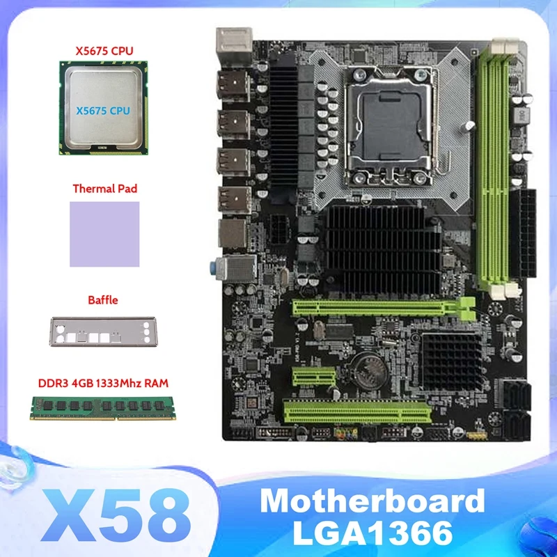 X58 Motherboard LGA1366 Computer Motherboard Support RX Graphics Card With X5675 CPU+DDR3 4GB 1333Mhz RAM+Thermal Pad
