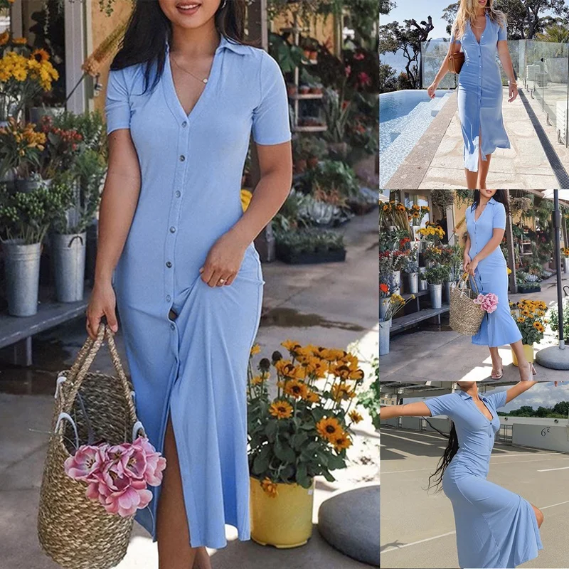 

Elegant Single Breasted Summer Shirt Dress Short Sleeve Holiday Casual Fashion Turn-Down Collar Sundresses Clothes