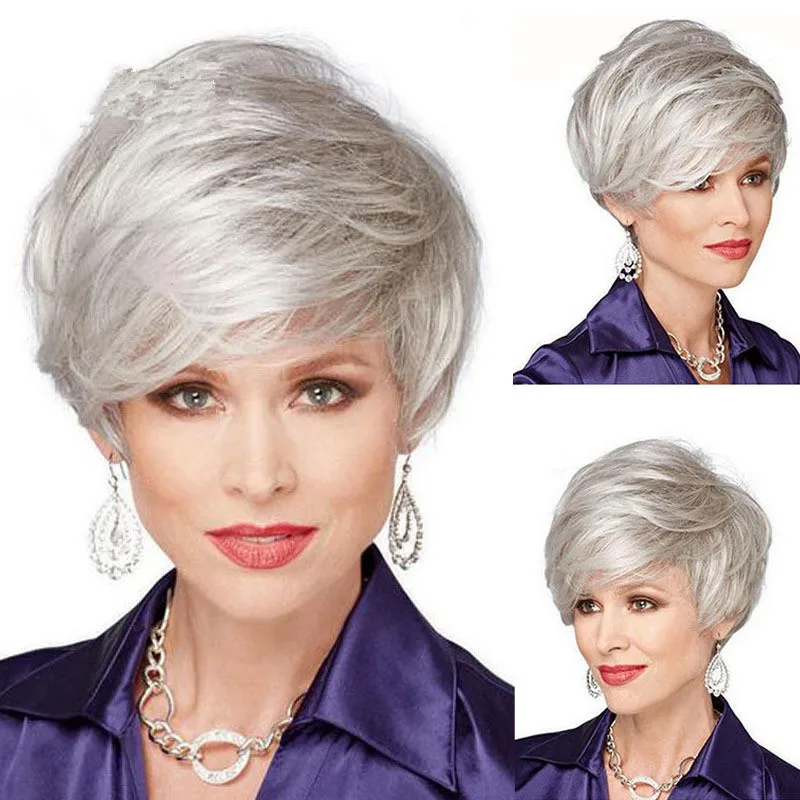 

JOY&BEAUTY Short Wavy Synthetic Wigs for Women Wigs with Bangs Nature Silver Gray Daily Use Heat Resistant Hair