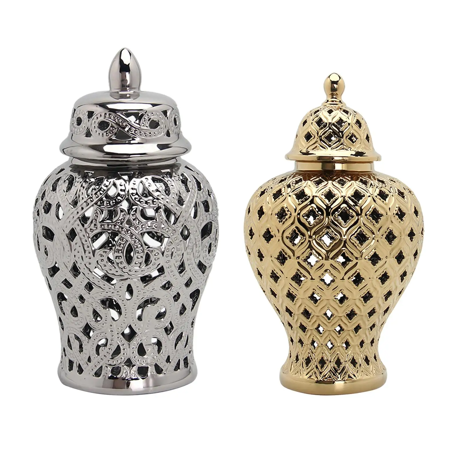 

Modern Ceramic Ginger Jar Hollow Vase with Lid Carved Lattice Temple Jar for Office Desktop Flower Arrangement Living Room Decor