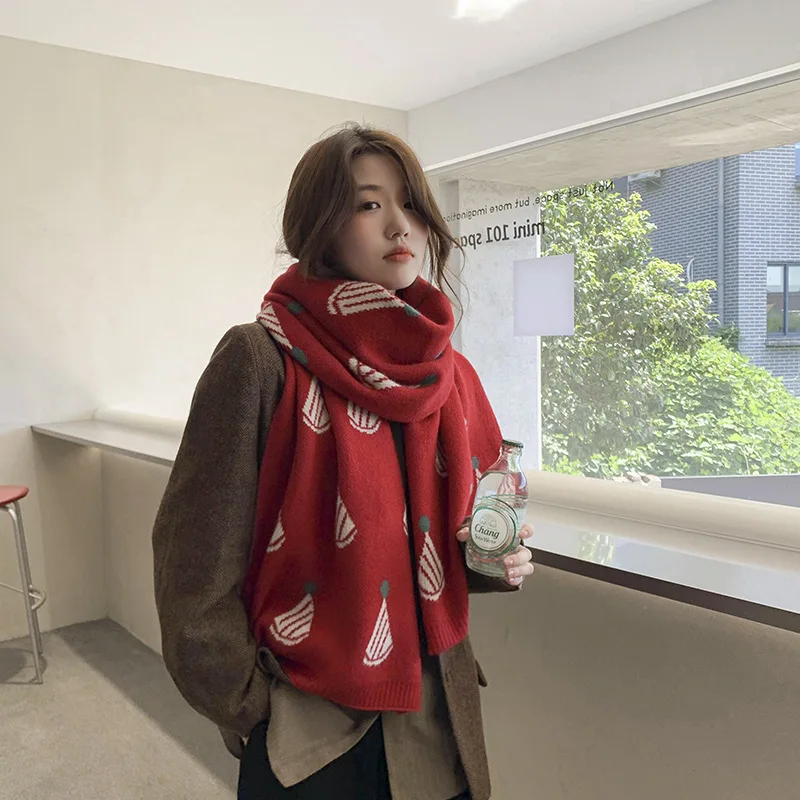 

Christmas Pattern Long Scarf Knitted Winter Warm Shawl Women Red Neckerchiefs Long Wraps Thick Poncho Bufanda Female