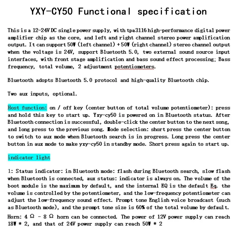 TPA3116 Усилитель Bluetooth 5.0 Двухсторонний внешний интерфейс аудиовхода обработка