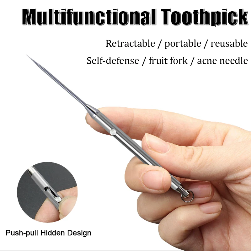 

Multifunctional Titanium Alloy Spring Retractable Toothpick Keychain Pendant Gift Fruit Fork Self-defense Tool Toothpick Holder