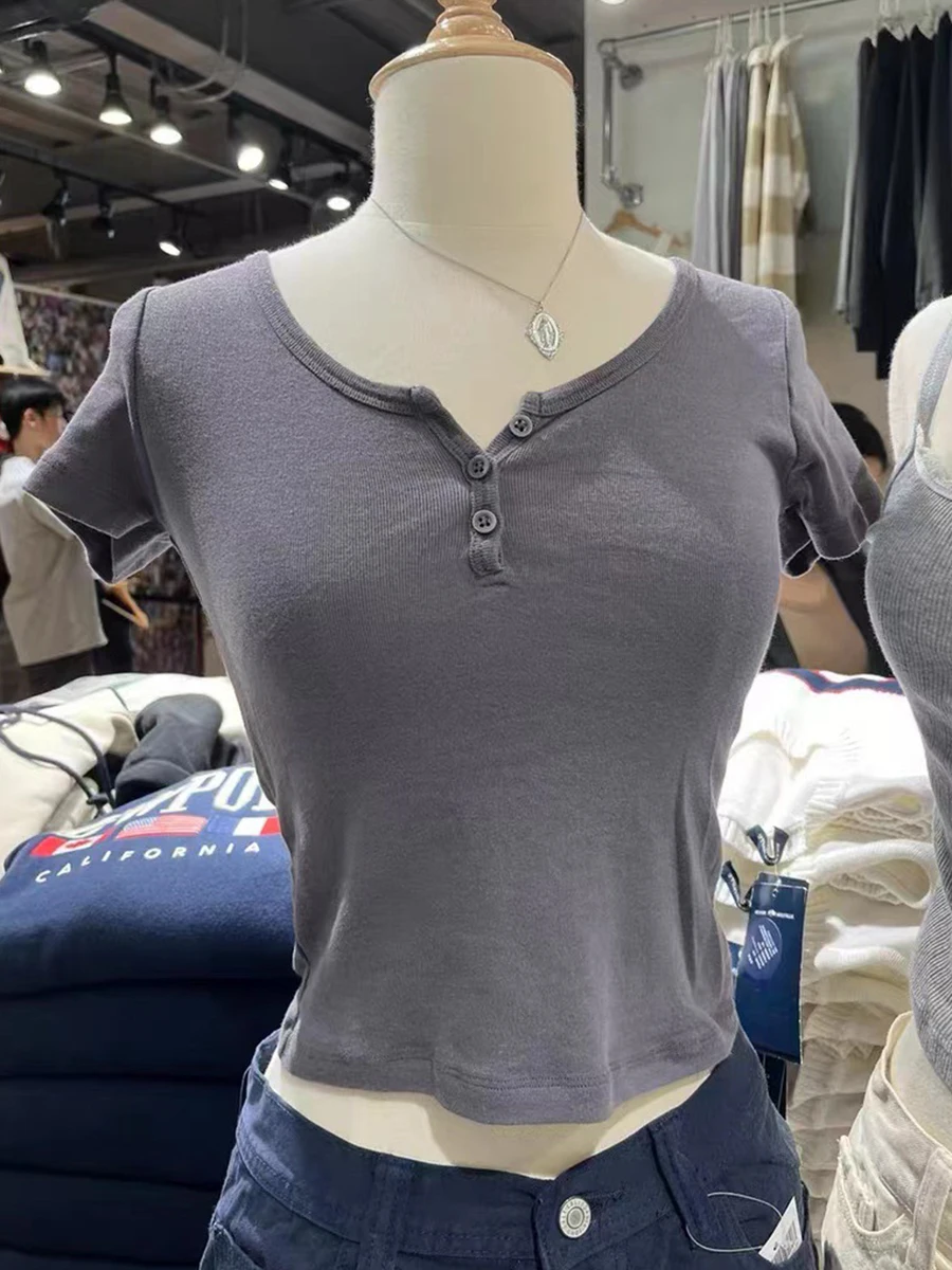 

Vintage Slim Solid Color Button Tees Women Round Neck Summer Short Sleeve Crop Top Chic Y2k Streetwear Classic Cotton T-shirt