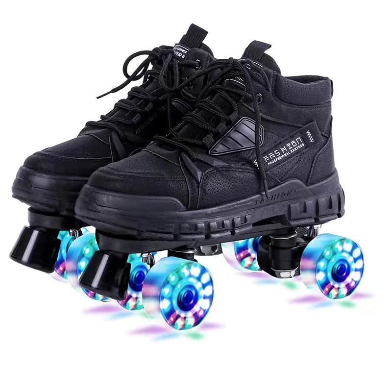New Men Black Martin Boots Roller Skates Shoes 2 Line Double Row Sliding Inline Quad Skating Sneakers Training 4 PU Flash Wheels