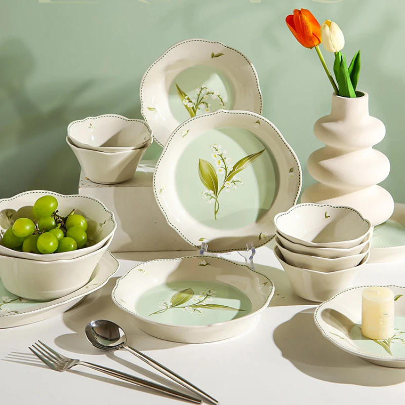 

French Lily of The Valley Ceramic Tableware High-value Plate Dish Plate Fish Plate Rice Bowl Set Kitchen Tableware Set Bowls