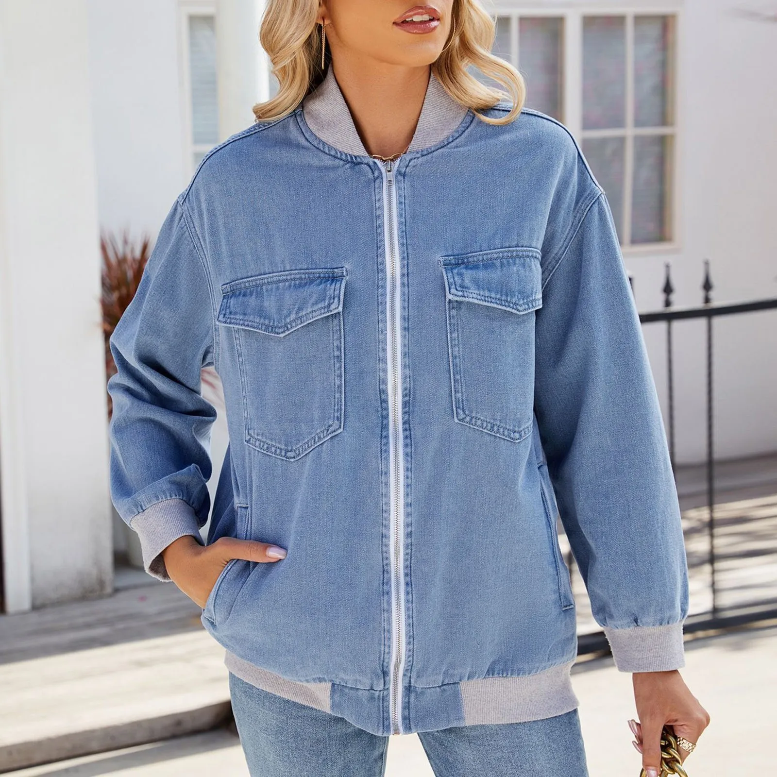 Женская джинсовая куртка большого размера с длинными рукавами уличная