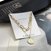 color color stainless steel coin pendant necklace for women double layers thick chain necklace collares de moda boho jewelry