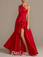 a line beautiful back sexy prom formal evening dress one shoulder sleeveless asymmetrical satin with pleats slit