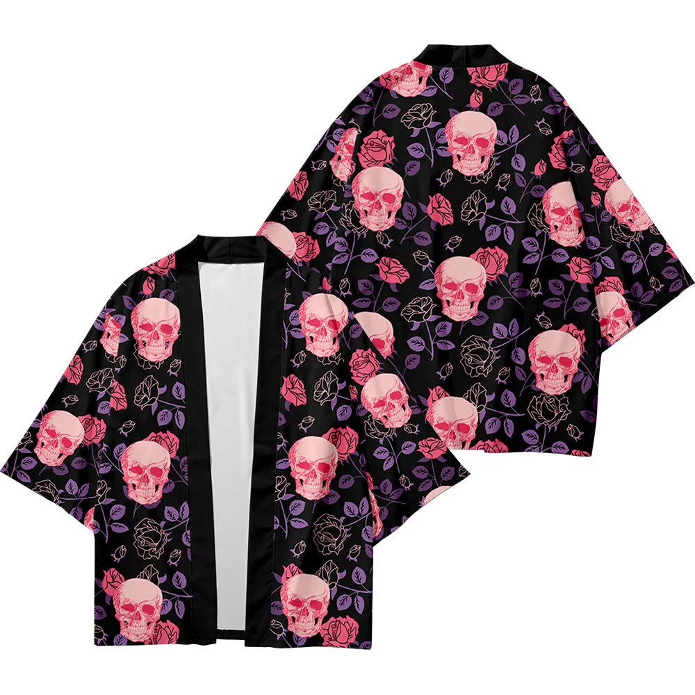 

Fashion Novelty Skull Rose Fashion Beach Japanese Kimono Kimetsu No Yaiba Robe Cardigan Men Shirts Yukata Haori Women's Clothing