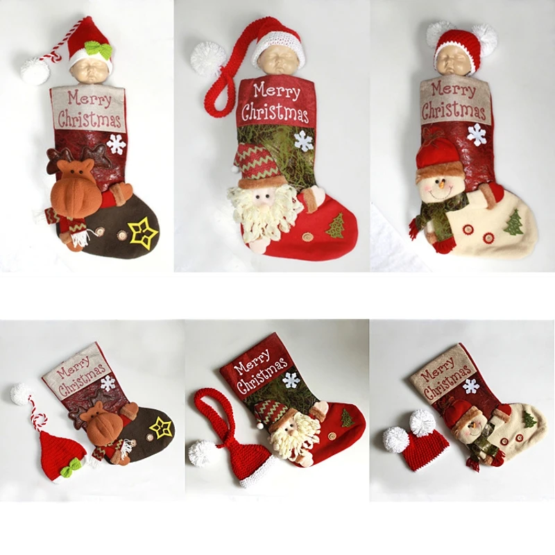 

Милые детские фото реквизиты белая Красная Вязаная шапка рождественские чулки спальный мешок A2UB