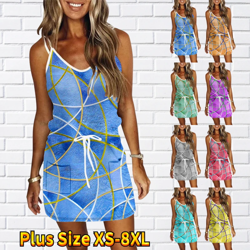 

2023 Summer Women's Vintage Printed Short Skirt Sexy V-neck Dress Fashion Slim Skirt Daily Street Loose Size Sleeveless Skirt