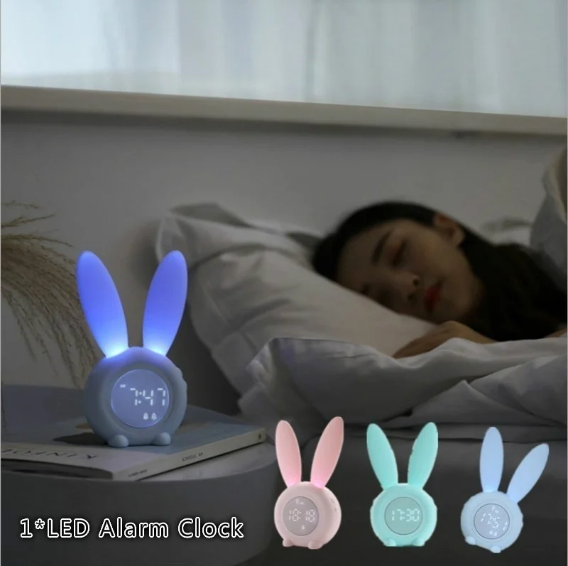 

Cartoon LED Digital Alarm Clock Electronic LED Display Sound Control Rabbit Night Lamp Desk Rechargeable Clock