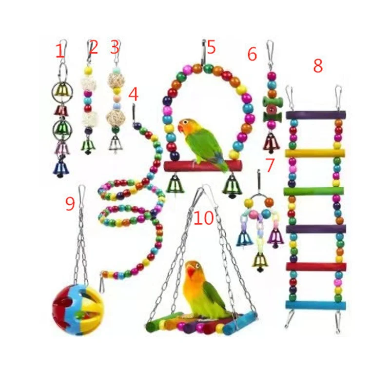 Bird Cage Toys For Parrots Bird Indestructible Chewable Swing Hanging Chewing Bite Bridge Wooden Beads Ball Bell Toys 10 Pack