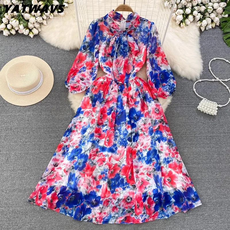 

Роскошные женские платья со шнуровкой и бантом на воротнике, Новые великолепные женские летние пляжные праздничные Длинные Платья с цветочным принтом