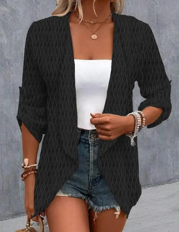 

2023 Casual New Fashion Jacket for Women Roll Up Sleeve Open Front Textured Coat Top Female Clothing Outfits
