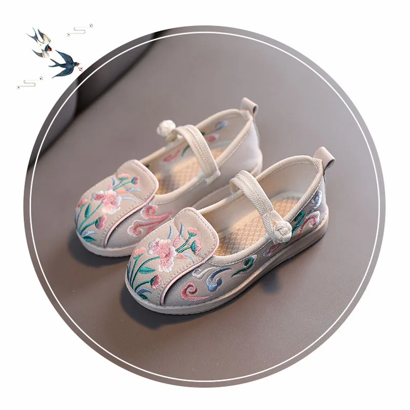 

2022 Flora Embroidered Flower Soft Breathable Kids Girl Flat Canvas Shoes