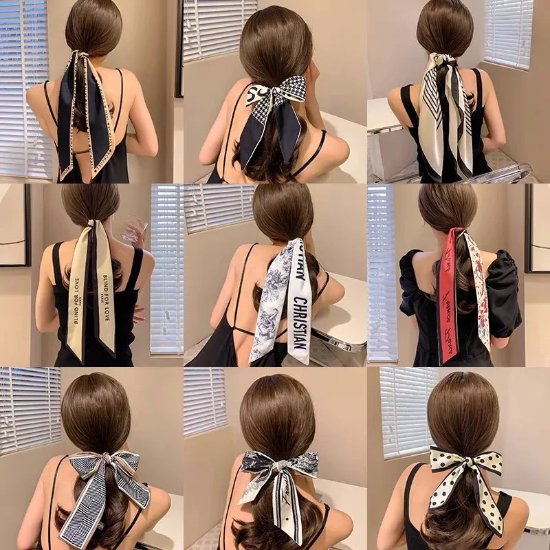 Korean Silk Letter Flower Long Ribbon Hair Scarf Hair Bands for Women Girls Elegant French Ribbon Bow Head Scarf Headdress