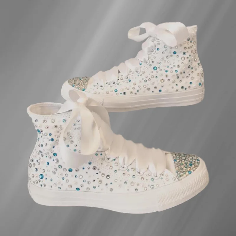 

High-top white ribbon stitching rhinestone canvas shoes comfortable walking sneakers handmade rhinestones Vulcanized shoes 35-46