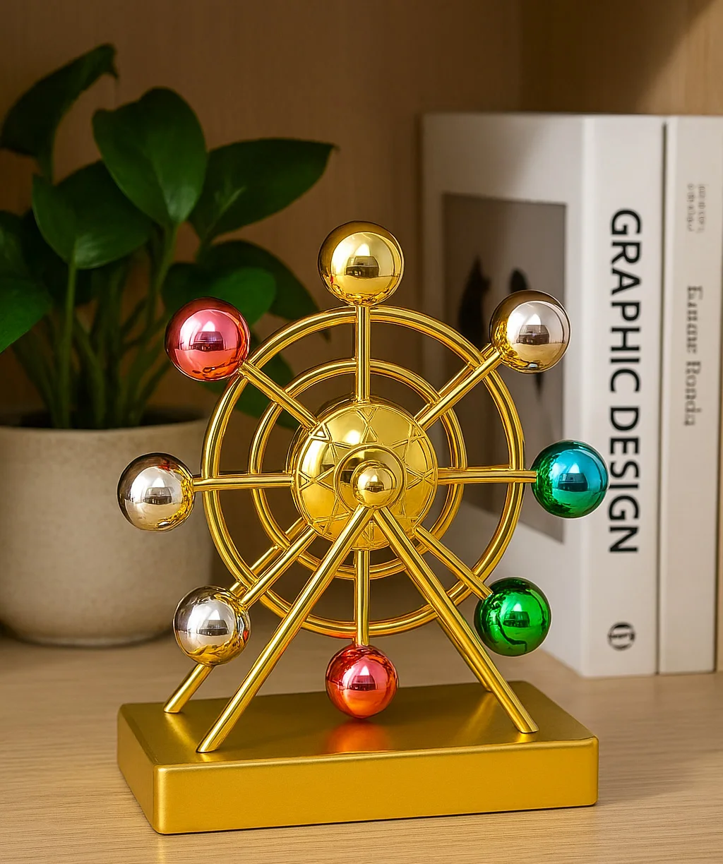 Фото Luxury Gold Metal Kinetic Ferris Wheel Ornament - Desk Stress Relief Rotating Figurine - Modern Home & Office Decor Gift №3