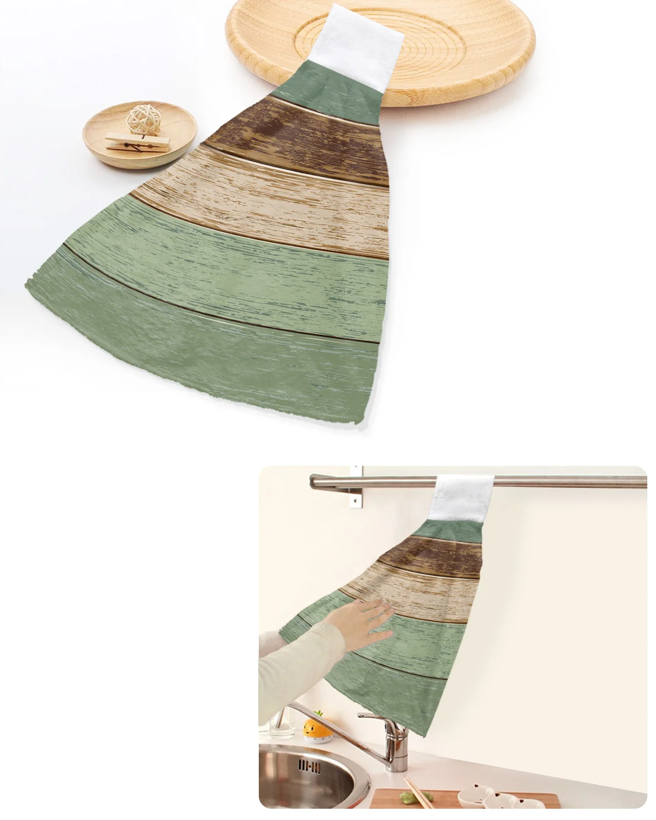 

Wood Grain Retro Sage Green Hand Towels Home Kitchen Bathroom Hanging Dishcloths Loops Quick Dry Soft Absorbent Custom Towel