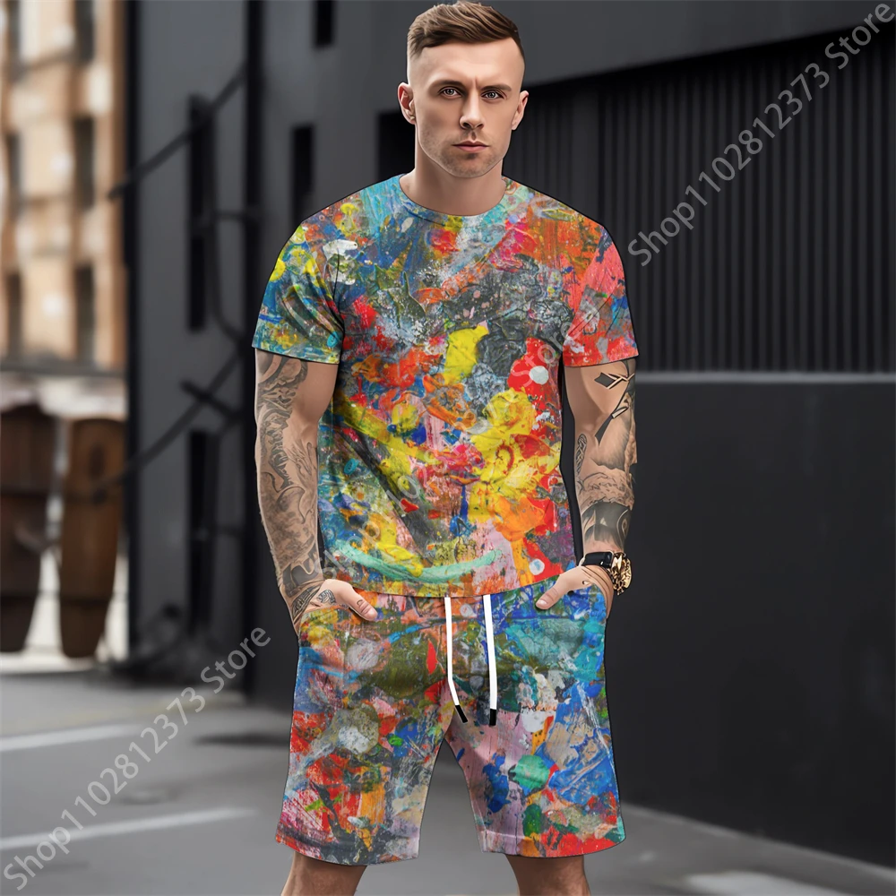 2023 Summer Mens Tracksuit Men Casual Street Men T-shirt+Shorts Two Piece Set Men Fashion 3D Splash-Ink Printing Clothes For Men