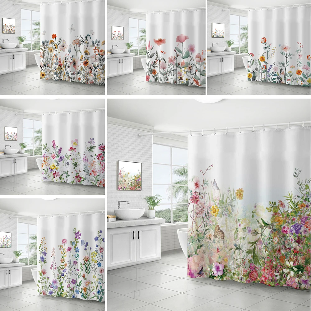 

Шторы для душа в пасторальном стиле с цветочным принтом, водонепроницаемые тканевые занавески для ванной комнаты с крючками для напольного коврика