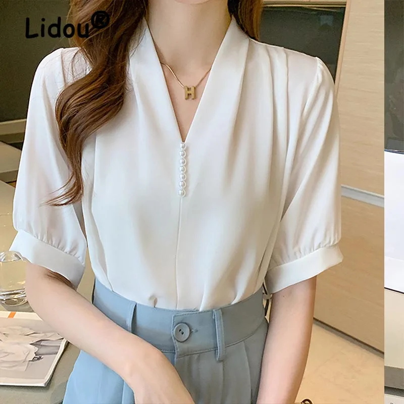 

Summer New Women's Clothing Elegant Commuting Short Sleeve Chiffon Shirts V-neck Short Sleeve Solid Office Lady Pullover Blouses