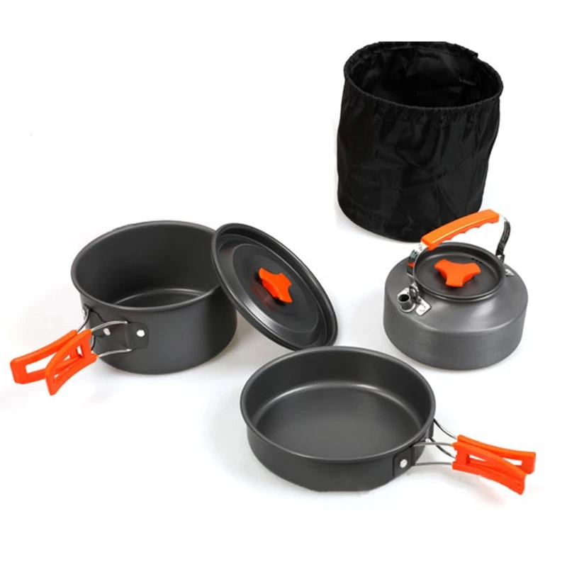 

Outdoor Camping Cookware Set Pot Fry Pan Teapot Kettle with Storage Bag Campfire Utensils forTravel Cooking Dropship