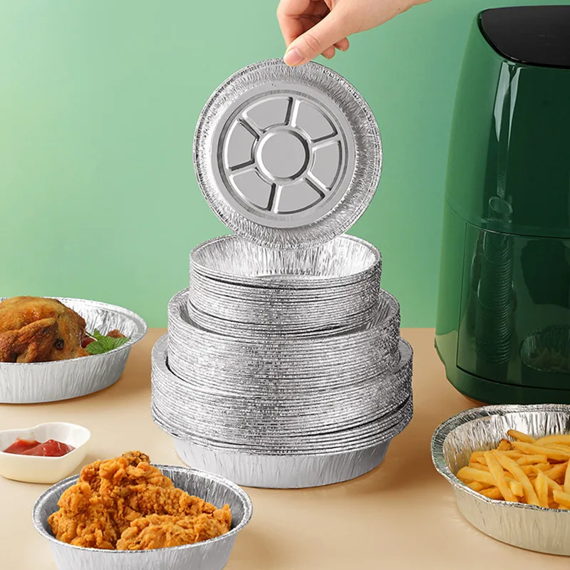 

50Pcs/set Non-stick Aluminum Foil Tin Box Air Fryer Disposable Tin Pan Heat Resistance Oil-Proof Mat Round Aluminum Liner 3size