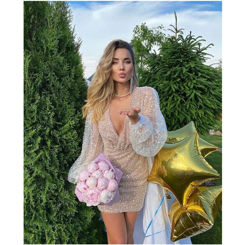 

Модное облегающее коктейльное платье с длинными рукавами-фонариками, блестками и V-образным вырезом, сексуальное женское вечернее платье-корсет с высокой талией и V-образным вырезом