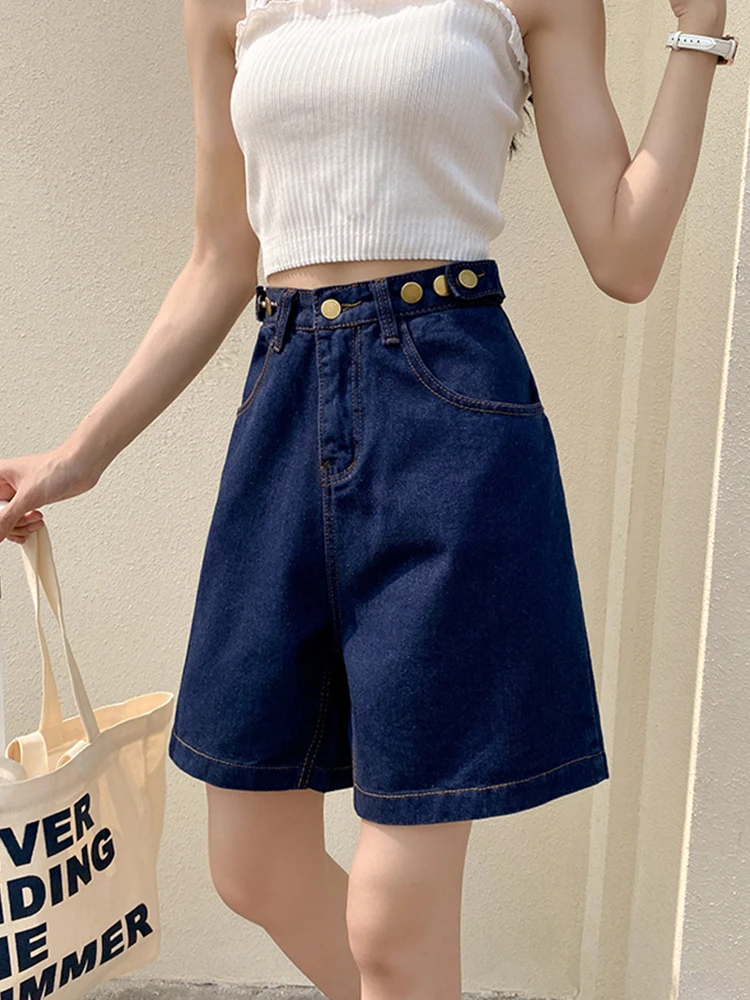 New Spring Summer Women Button Adjust Waist Loose Denim Shorts Casual Female High Waist Wide Leg Jeans Shorts Bottoms