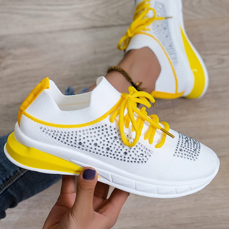 

Кроссовки женские со стразами, на шнуровке, дышащие Нескользящие, на платформе, повседневная спортивная обувь, большие размеры до 43, 2022