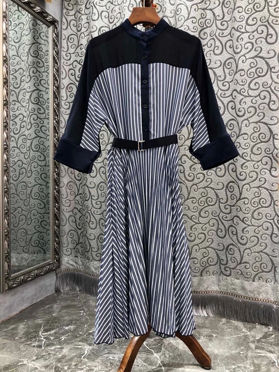 

2022 new women fashion striped stitching belt mid-sleeve casual slim dress 421