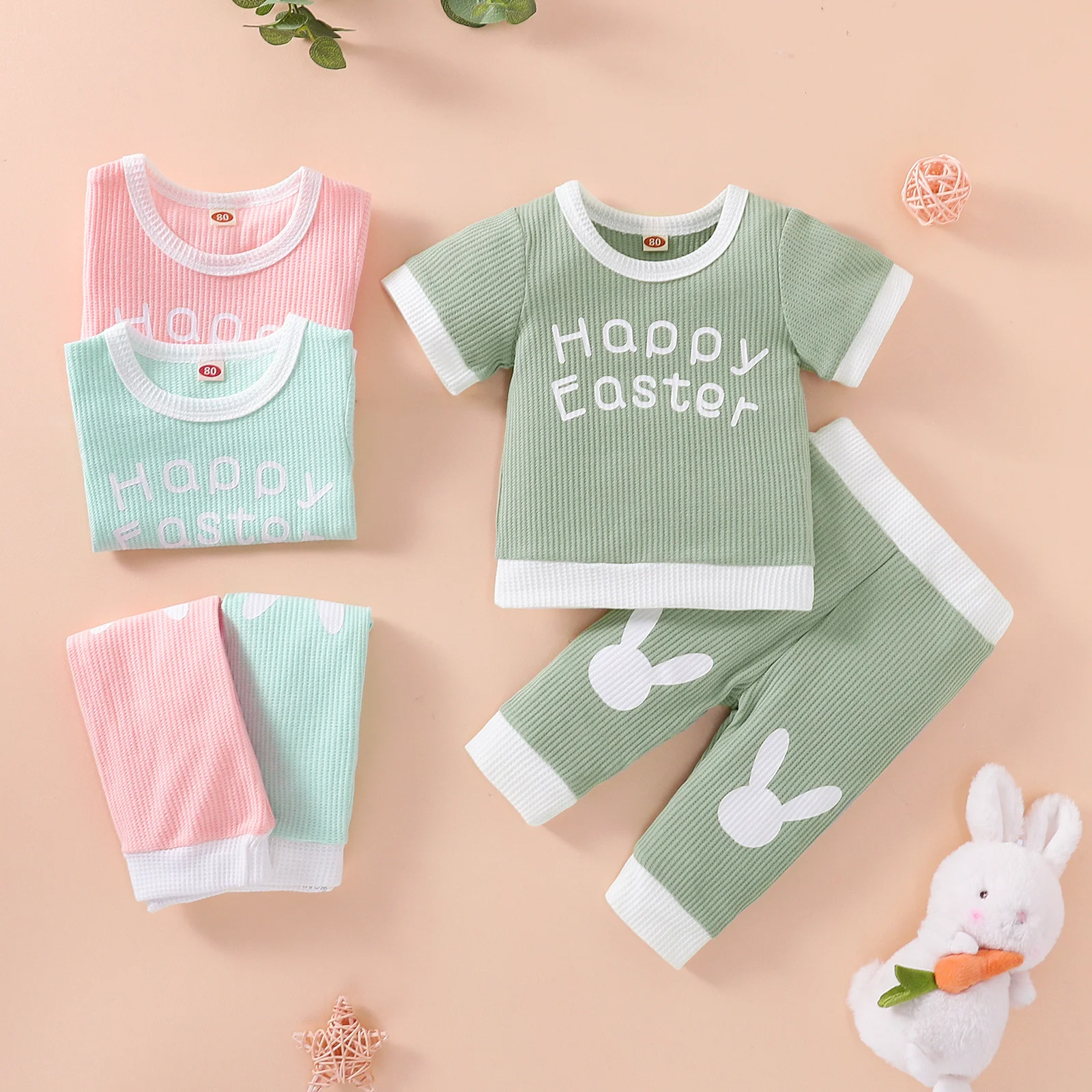 

Newborn Patchwork Two-piece Outfits, Easter Day Theme Short Sleeve Round Neck Letter Print T-shirt + Rabbit Long Pants