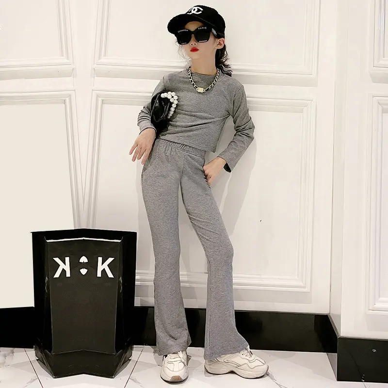 

Fashion Teen Girls Clothing Sets Cotton Long Sleeve Crop Top + Flare Pants Green Grey 2PCS New Arrivals Slim Tight Casual Outfit