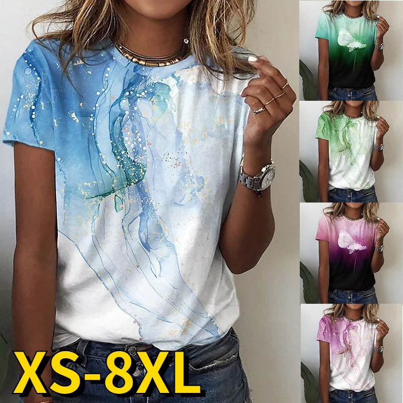 

Female Butterfly Print T-shirt Summer Women Fashion Tee Leisure Loose Pullover Retro Comfort Short Sleeve Concise Style Tops