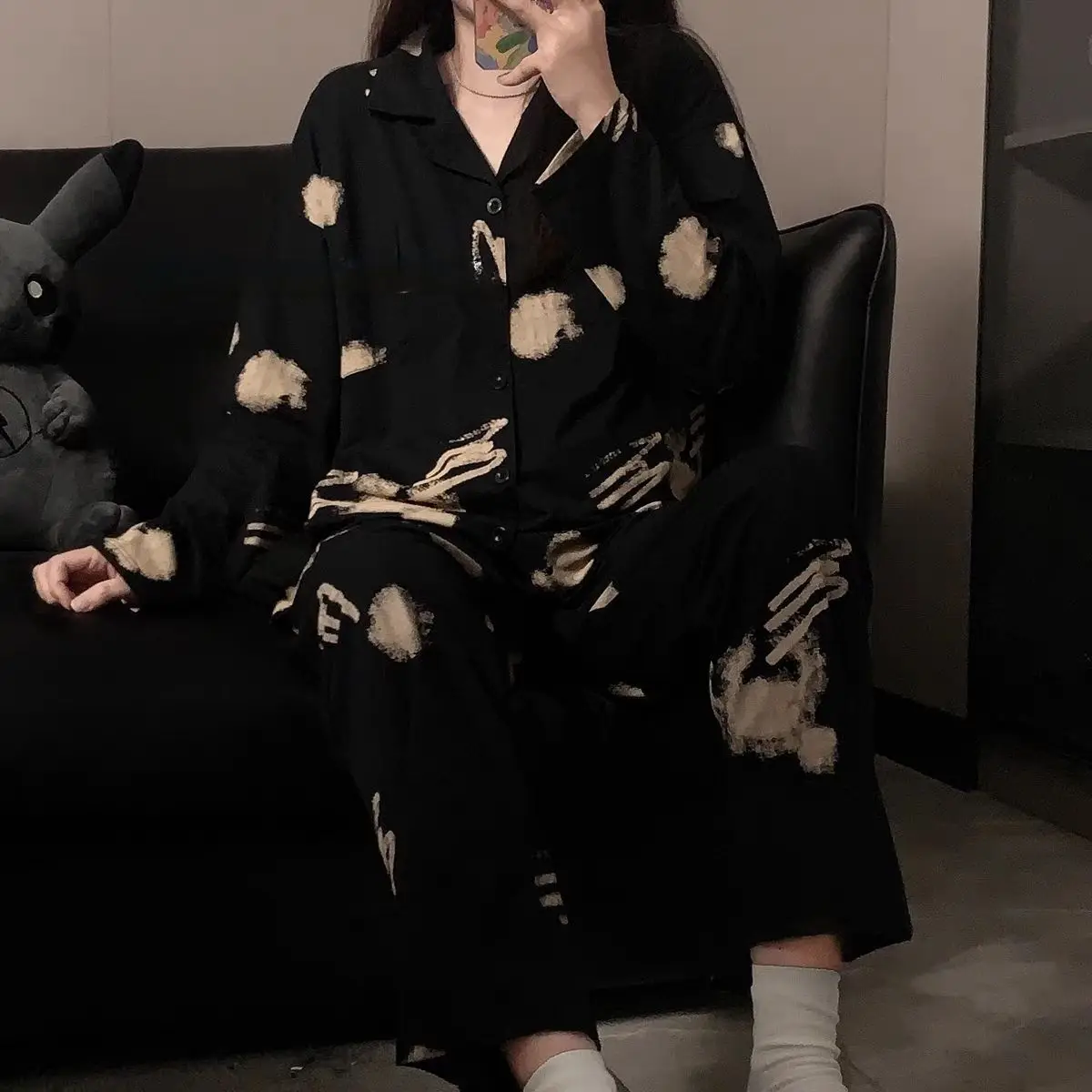 1 Couple pajamas Spring and Autumn Cartoon New Cute Long Sleeve Loose Size Boys and Girls' Homewear