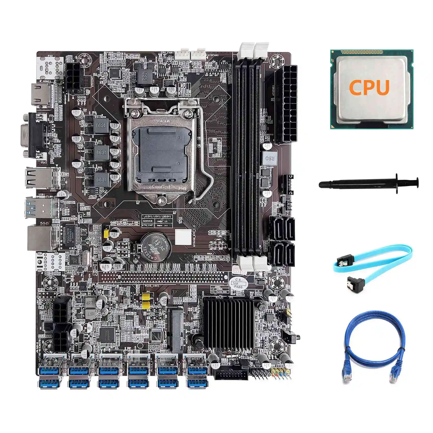 

B75 ETH Mining Motherboard 12 PCIE to USB LGA1155 Motherboard+Random CPU+SATA Cable+RJ45 Network Cable+Thermal Grease