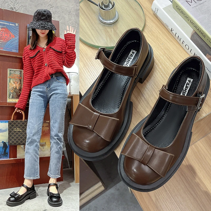 

Bow knot thick heel shoes women's 2022 early spring new college style small leather shoes Mary Jane shoes