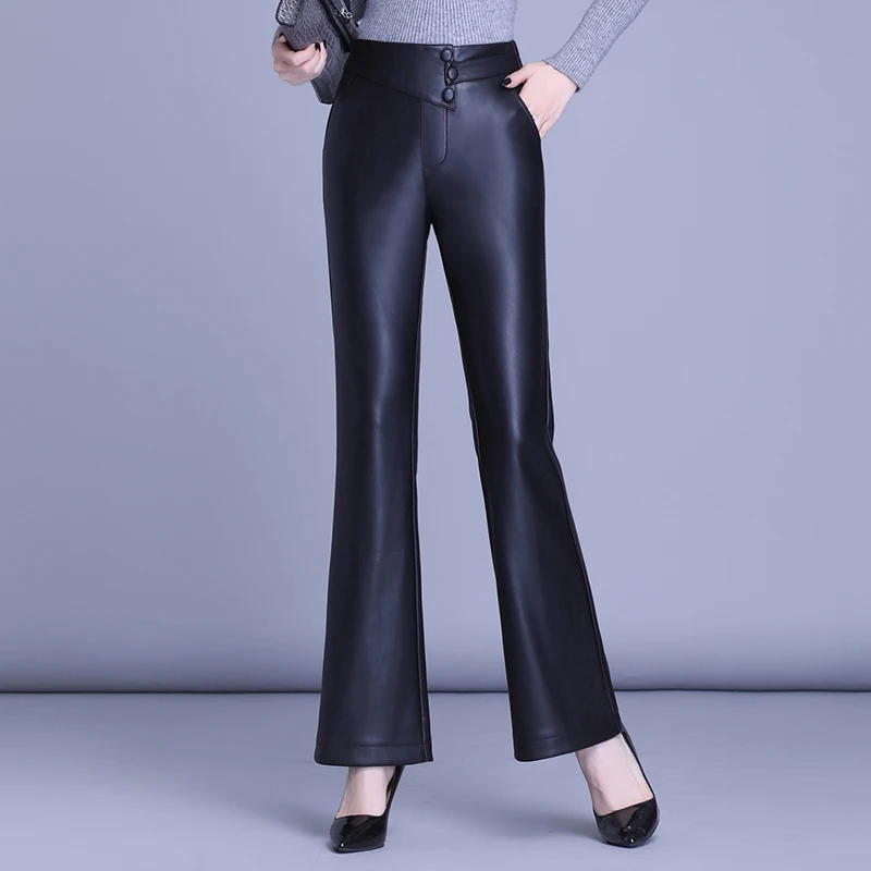 

2023 Spring Autumn New Women's PU Leather Pants Casual High Waist Flared Nine Points Pants Show Thin Wide Leg Trousers S-5XL