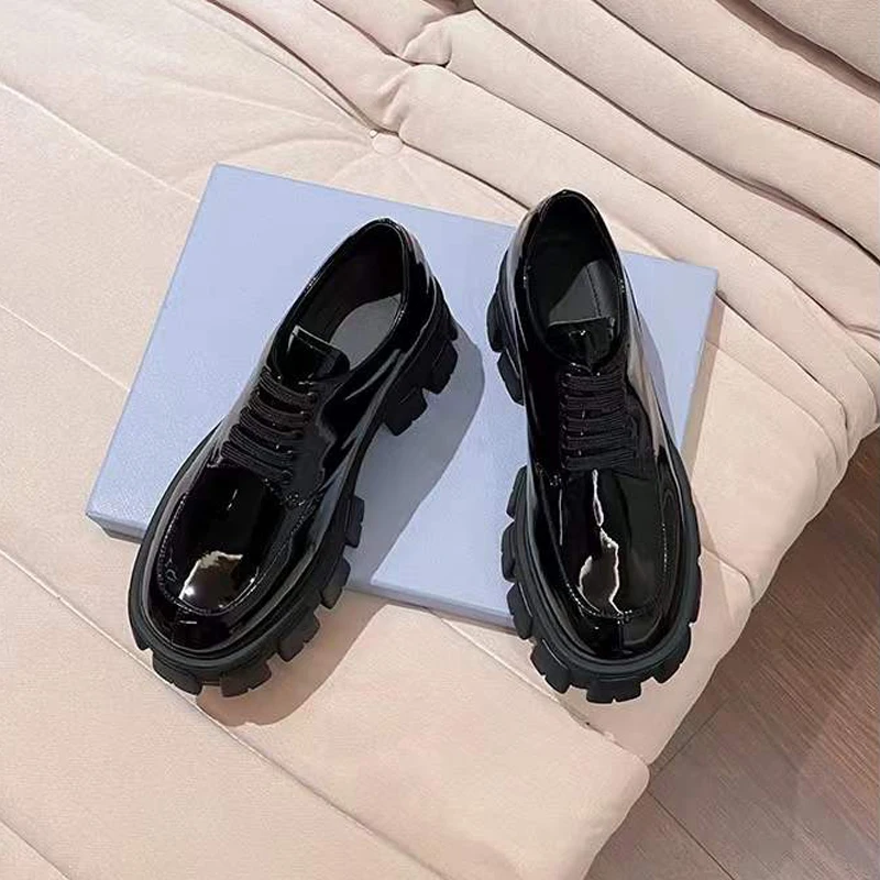

Leather lace-up thick-heeled loafer women 2022 Europe and the United States Spring and autumn platform single shoes with wind mu