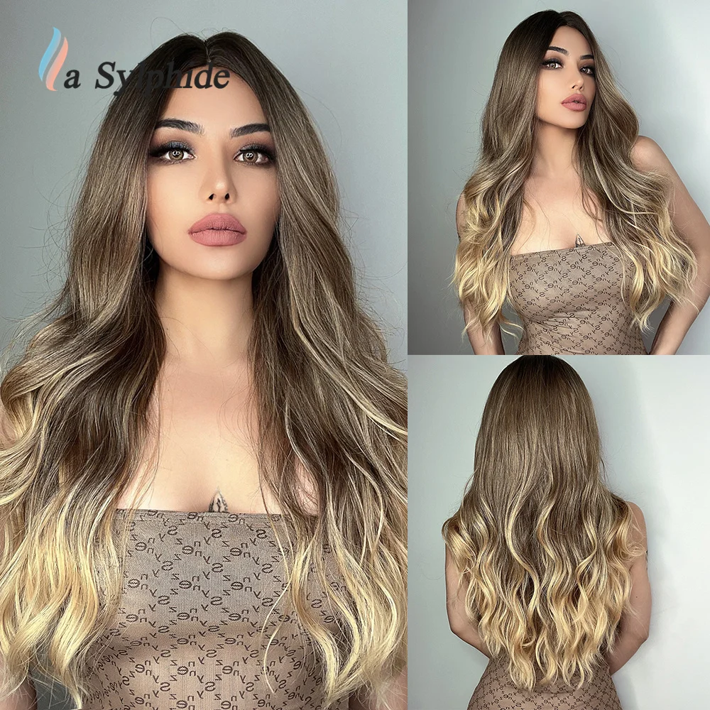 

La Sylphide Synthetic Ombre Wig Brown Blonde Highlights Natural Hair Wig Middle Part for Women Long Wave Wigs Heat Resistant