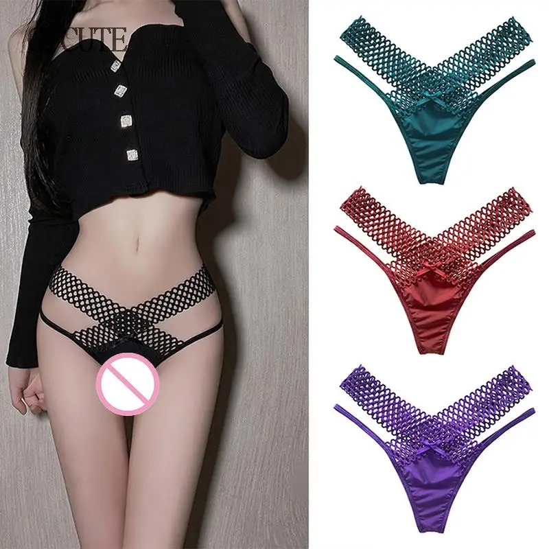 

Ladies Sexy Ice Silk Panties Low Waist Temptation Underwear Ladies Cross Sling Thong Hollow Leopard Print Solid Color Underwear